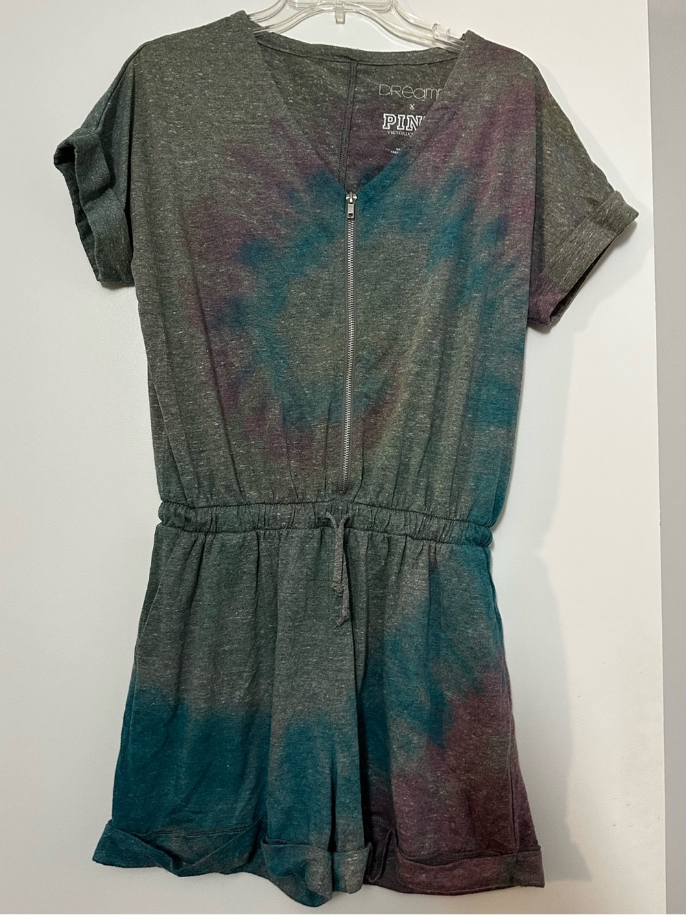 PINK Victoria's Secret Heathered Charcoal Tee with Subtle Teal & Purple Wash